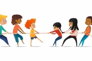 Tug of war contest between boys and girls. Two groups of children of different sex pulling opposite ends of rope. Concept of gender equality among kids, team sports. Vector illustration for banner