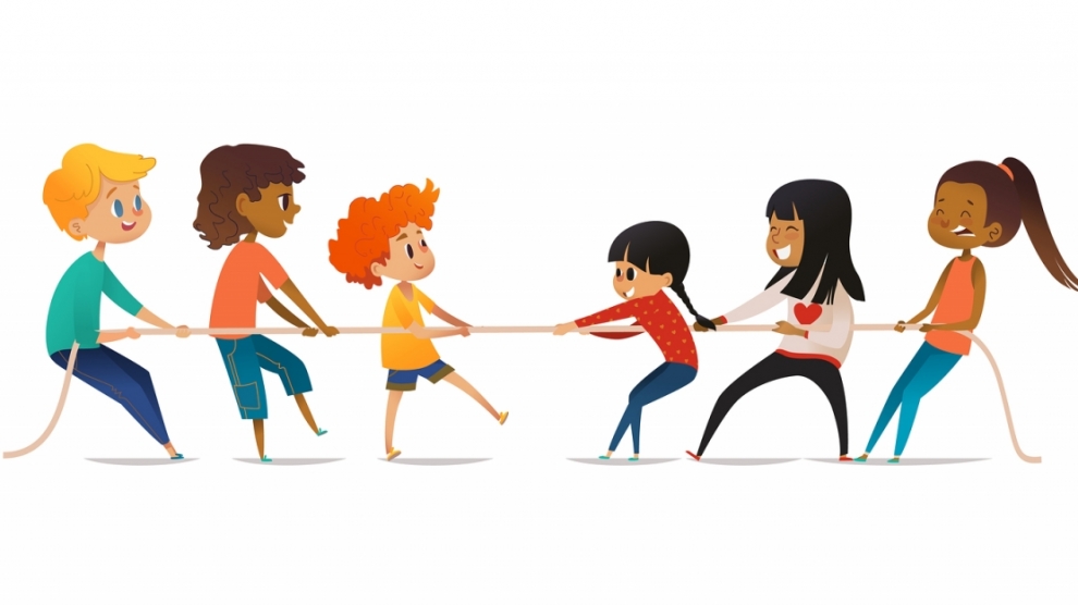 Tug of war contest between boys and girls. Two groups of children of different sex pulling opposite ends of rope. Concept of gender equality among kids, team sports. Vector illustration for banner