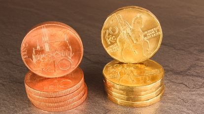 Ten czech crown coins money on black marble background