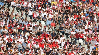 MARSEILLE FRANCE - JUNE 21 2016: People watch football match at Tribunes of Stade Velodrome during UEFA EURO 2016 game Ukraine v Poland