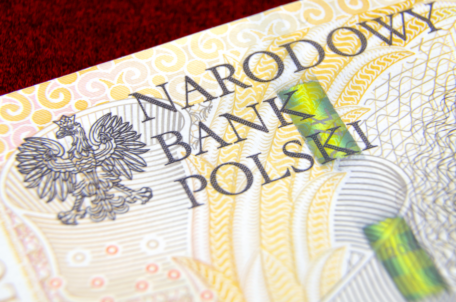 Money of National Bank of Poland. Polish zloty banknote on red velvet background; Macro photo; Depth of field