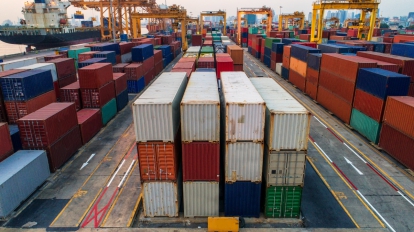 container ship in import export and business logistic.By crane Trade Port Shipping.cargo to harbor.Aerial view.Top view.