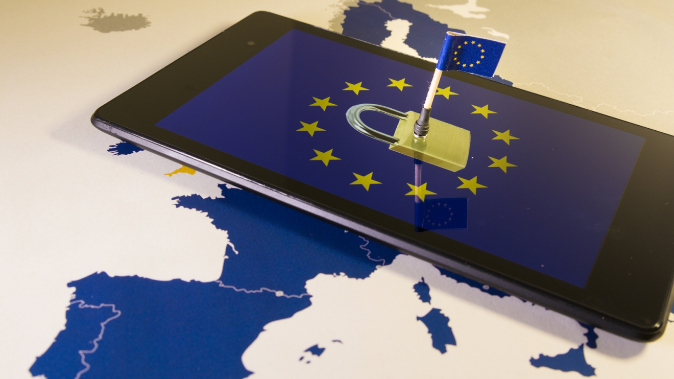 Padlock and EU flag inside smartphone and EU map, symbolizing the EU General Data Protection Regulation or GDPR. Designed to harmonize data privacy laws across Europe.