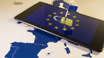 Padlock and EU flag inside smartphone and EU map, symbolizing the EU General Data Protection Regulation or GDPR. Designed to harmonize data privacy laws across Europe.