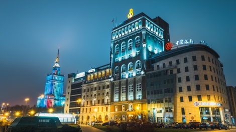 Warsaw, Poland, March 12, 2016: Night view of downtown with the PAST building and Bank of China