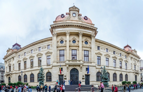 BUCHAREST ROMANIA - MAY 25 2014: The National Bank of Romania (BNR) building palace designed by Albert Galleron and Cassien Bernard.