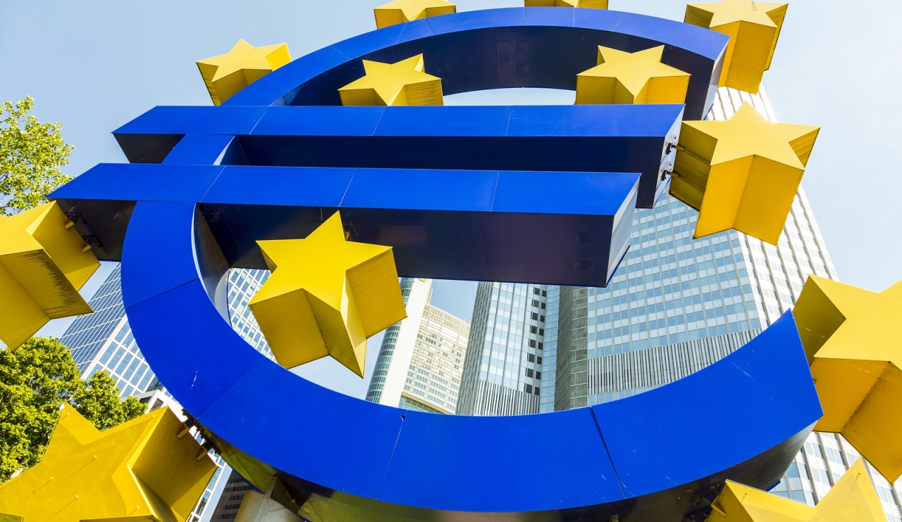 FRANKFURT GERMANY - MAY 16 2014: Euro Sign. European Central Bank (ECB) is the central bank for the euro and administers the monetary policy of the Eurozone in Frankfurt Germany.