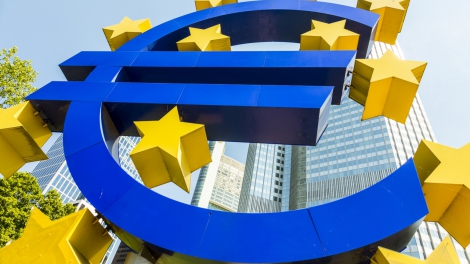 FRANKFURT GERMANY - MAY 16 2014: Euro Sign. European Central Bank (ECB) is the central bank for the euro and administers the monetary policy of the Eurozone in Frankfurt Germany.