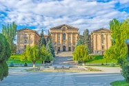 The light orange tuff building of Armenian Parliament located on the hill in Kond District Yerevan Armenia.