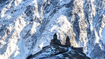Holy Trinity Church (XIV century) at an altitude of 2170 m in Gergeti, Georgia