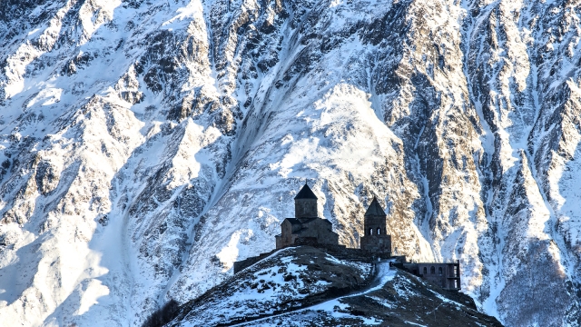 Holy Trinity Church (XIV century) at an altitude of 2170 m in Gergeti, Georgia