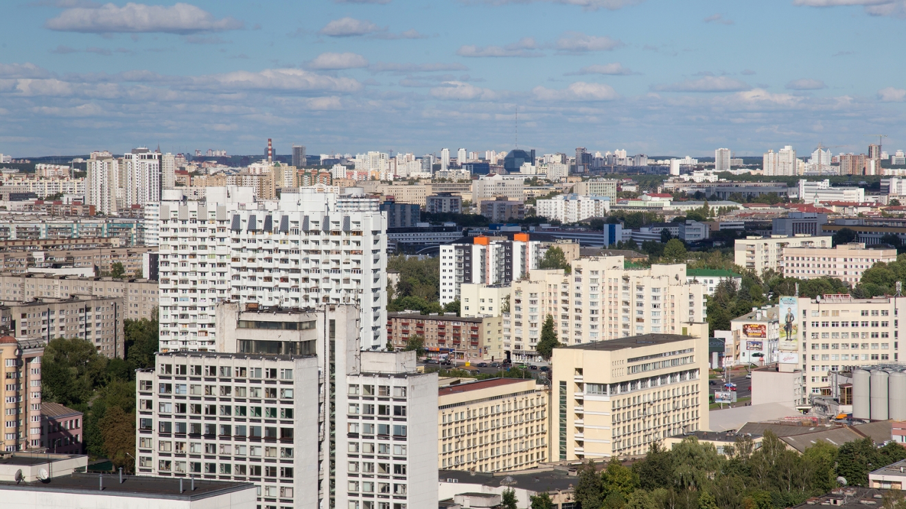 MINSK, BELARUS - AUGUST 15, 2016: Aerial view of the southeastern part of the Minsk with old soviet buildings. Minsk is the capital and largest city of Belarus.