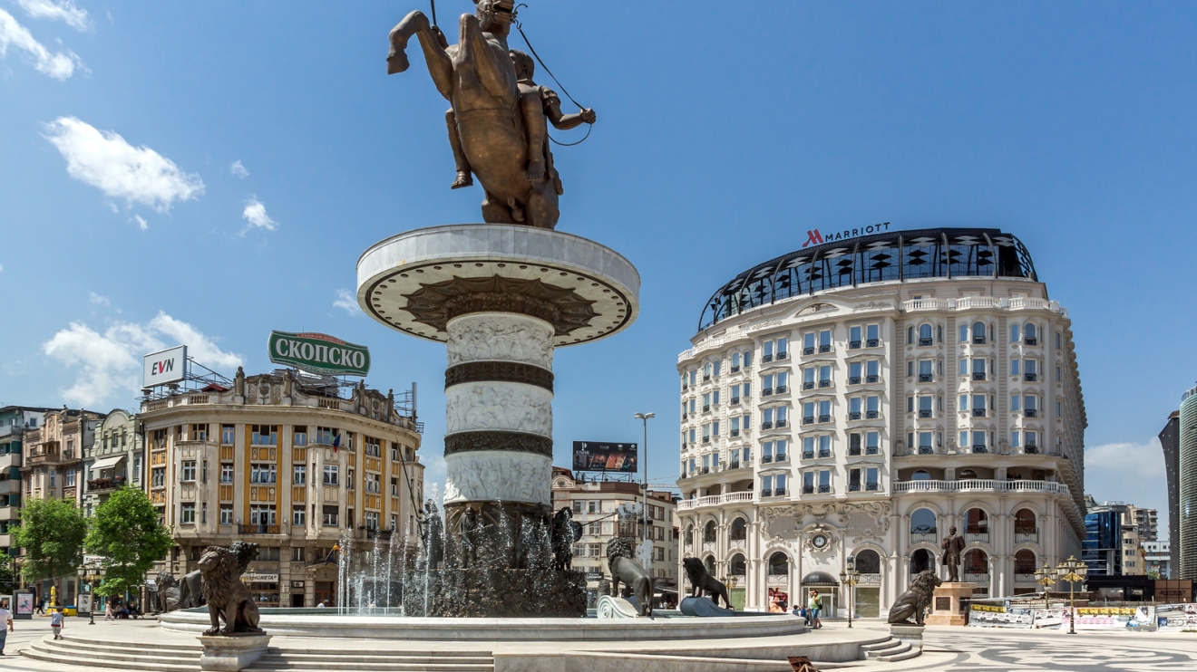 SKOPJE, REPUBLIC OF MACEDONIA - 13 MAY 2017: Skopje City Center and Alexander the Great Monument, Macedonia