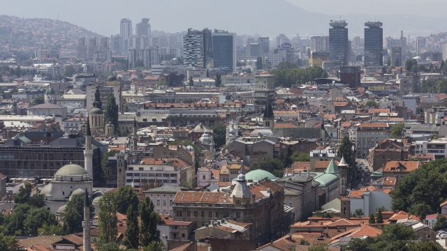 SARAJEVO, BOSNIA AND HERZEGOVINA - AUGUST 19 2017: Panoramiv view of Sarajevo from Yellow fortress with skycrapers in the background