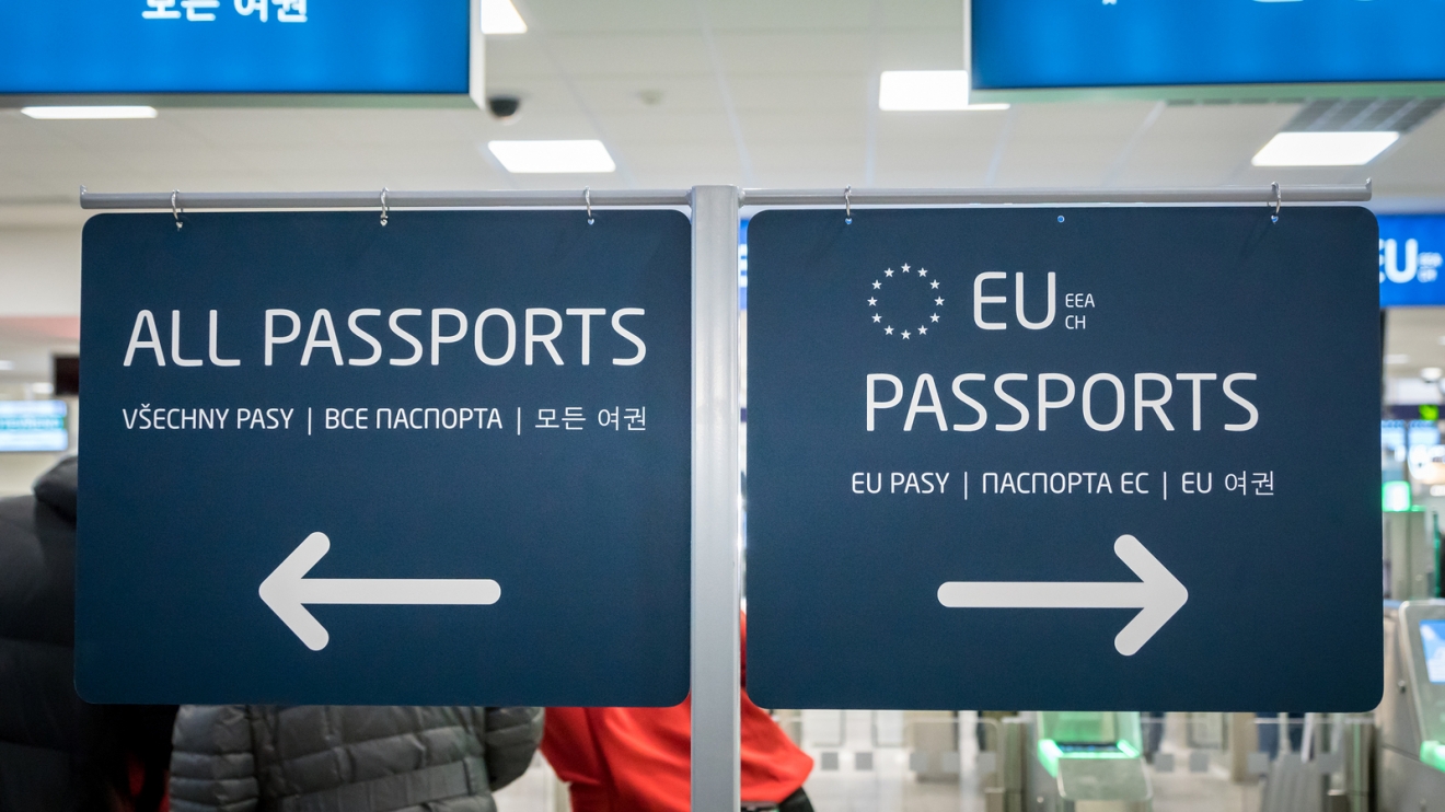 Prague, Czech Republic - December 2017: Passport control entrance area for EU and other passport holders at Prague Airport, Czech Republic.