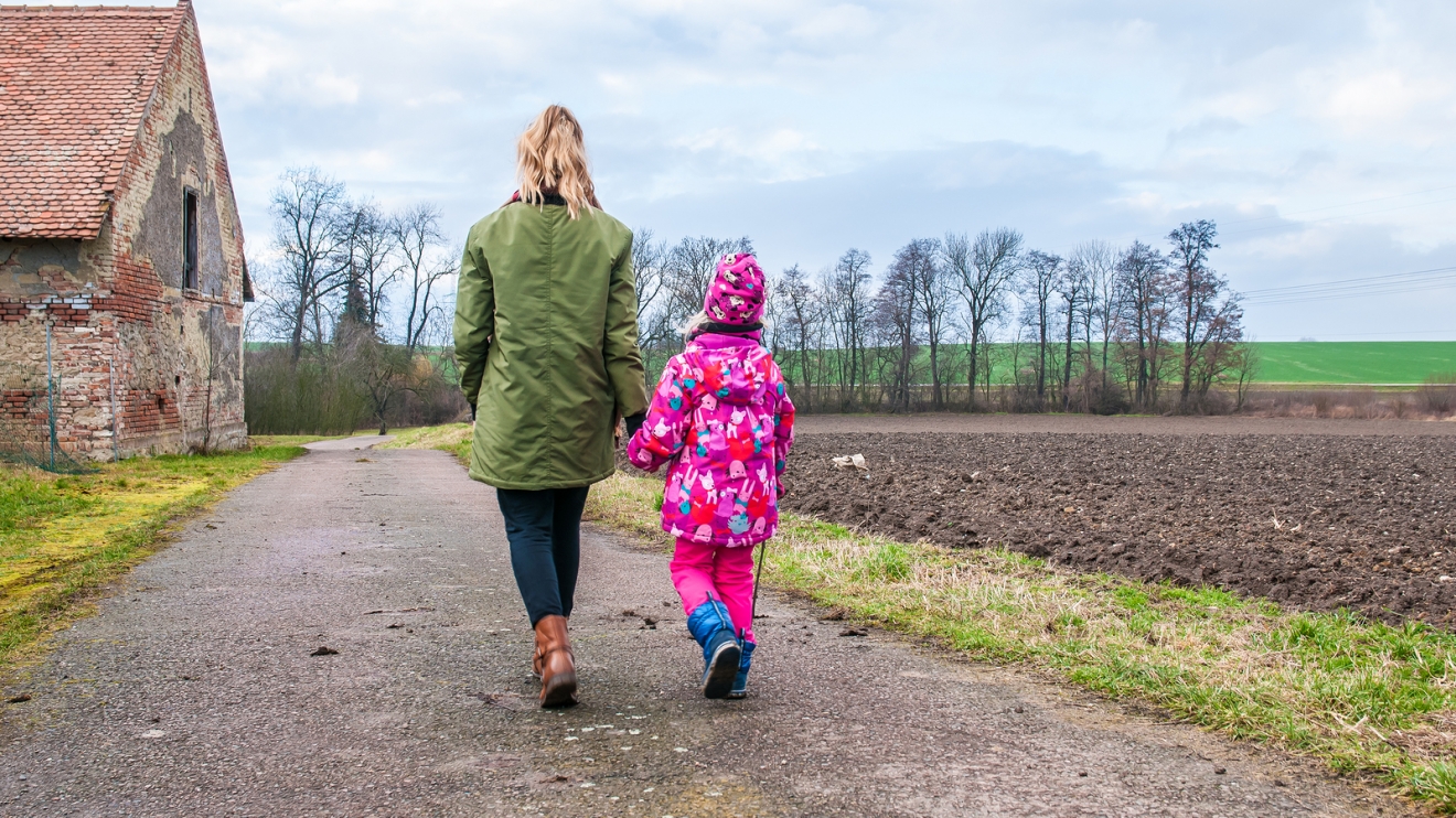 Young lady and little girl on a walk, Prague, Czech Republic, 20.1.2018