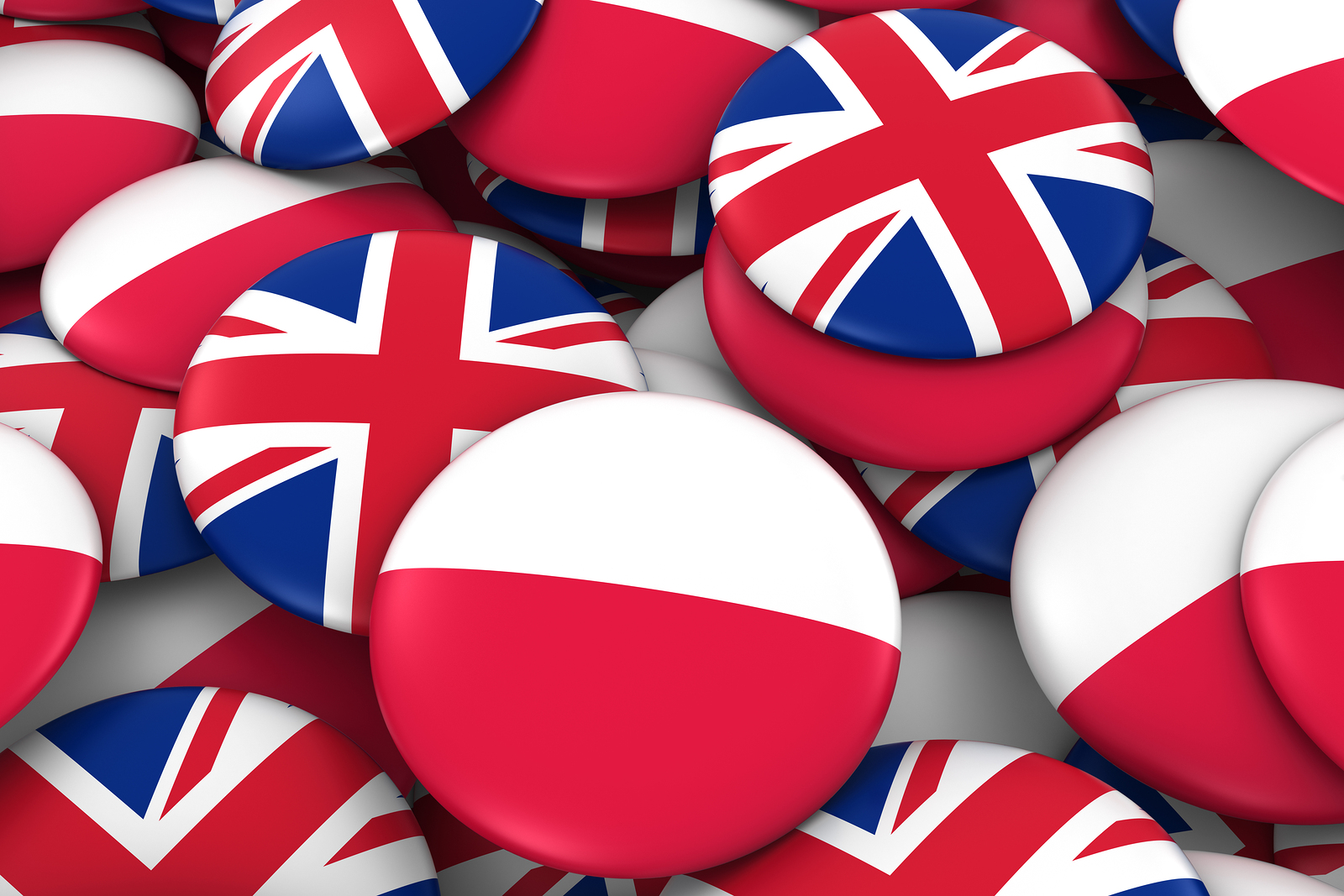 Poland And Uk Badges Background – Pile Of Polish And British Fla