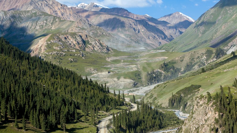 A winding mountain road leading to Kumtor gold mine in Kyrgyzstan.